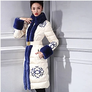 Royalcat New Gorgeous Colorblock Top Quality Women's Embroidery Fur Collar Belted Down Coat | Женская одежда