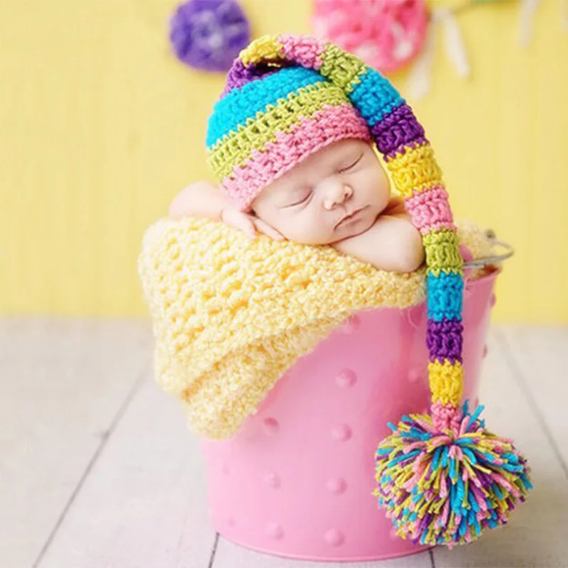 Baby photography prop new born baby pom hat with long tail shooting fotografie newborn photo accessories infant picture | Детская одежда