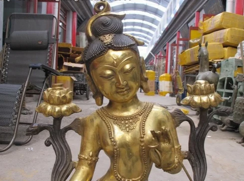 bi001383 30&quotTibet Buddhist Fane Bronze Gild Lotus Green Tara Kwan-Yin Buddha statue | Дом и сад