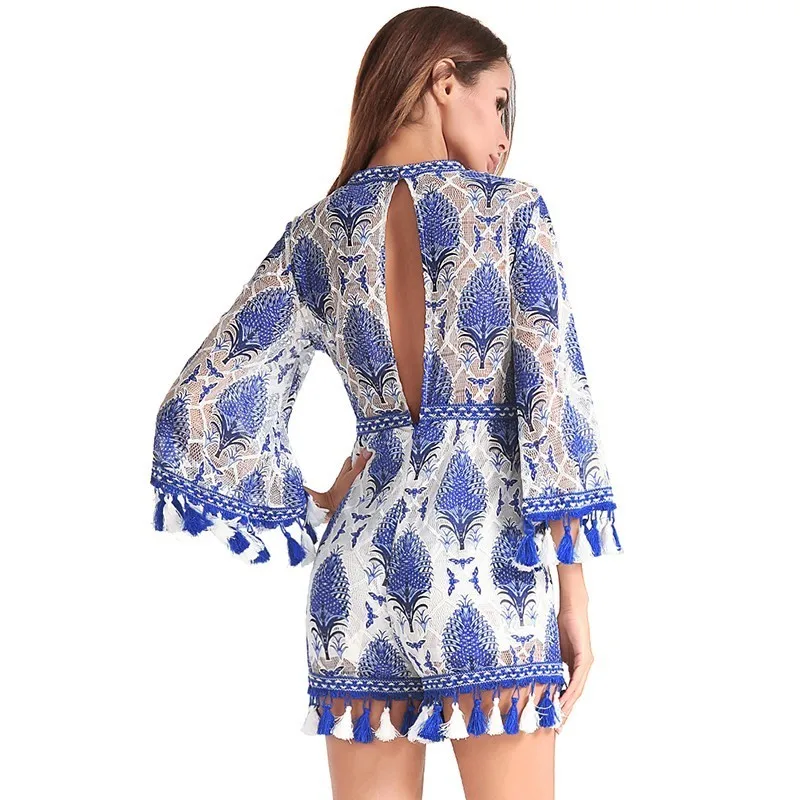 Ruiyige 2018 Лето Для женщин комбинезоны Boho комбинезон кружева вышивка кисточкой