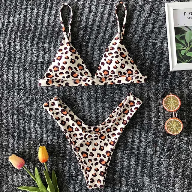 B144Leopard Сексуальный неоновый зеленый ребристый бикини, женский купальник, женский купальник, комплект бикини из двух предметов с v-образной нижней частью, купальный костюм - Цвет: B144Leopard