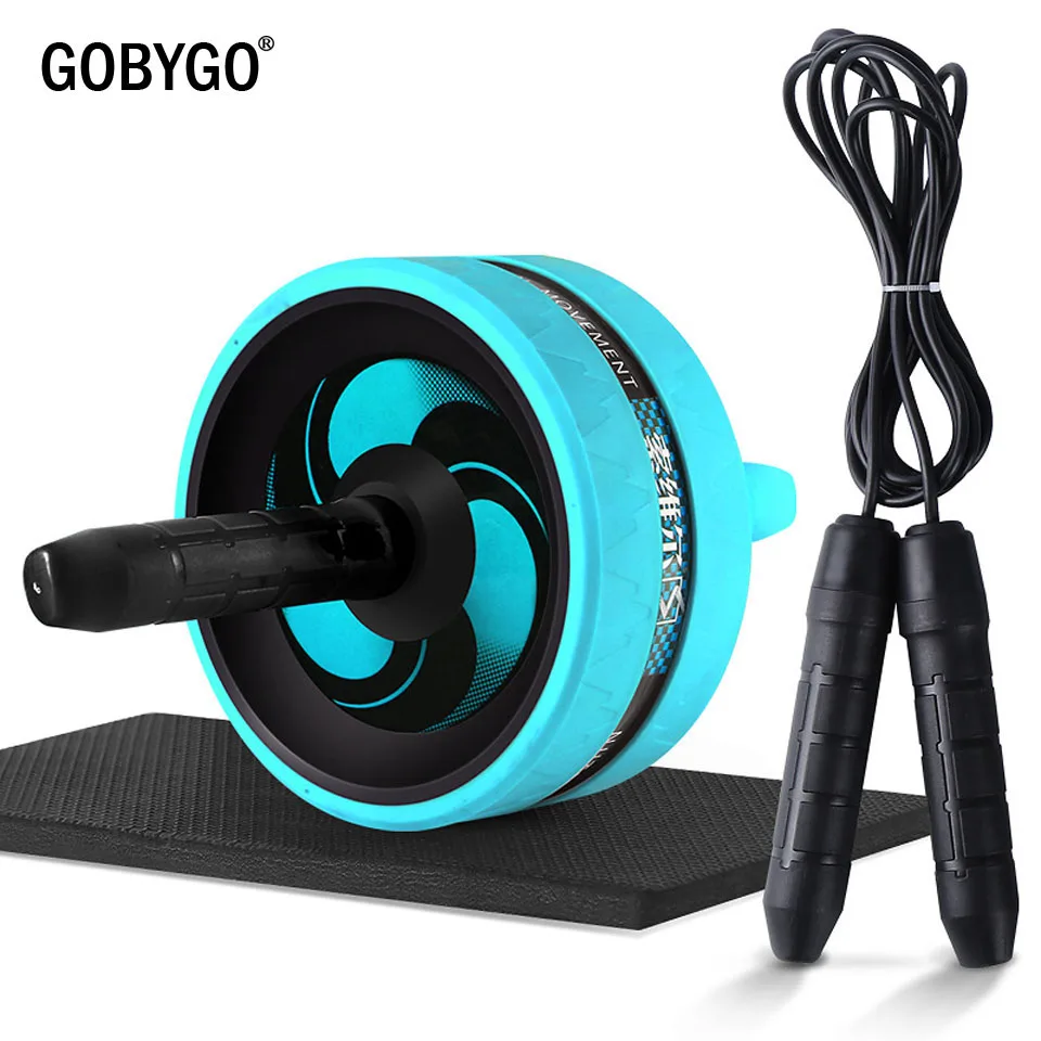 Blue GOBYGO 2 в 1 Ab ролик и Скакалка без шума брюшное колесо Ab ролик с ковриком для упражнений фитнес - Цвет: Blue