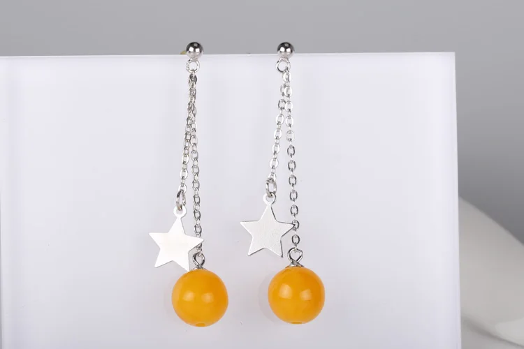 100% Sterling-Silver Color  Dangle Earrings Inlaid 6MM-10MM Wax Amber Earrings for Women Fine Jewelry Setting