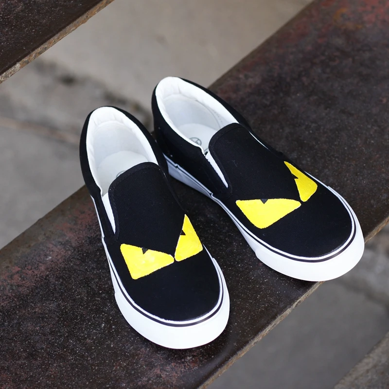 E-LOV Hand Painted Cat And Fish Casual Canvas Shoes Boys Flat Graffiti Cartoon Animal Loafers Students Slip On Chaussure | Обувь