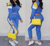 2019 spring safari style women tracksuit patchwork zipper up long sleeve top pencil pants suits two piece sporting outfit