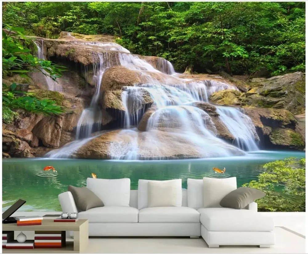 Настенные 3D обои на стену HD фотообои с изображением лесного водопада пейзажа