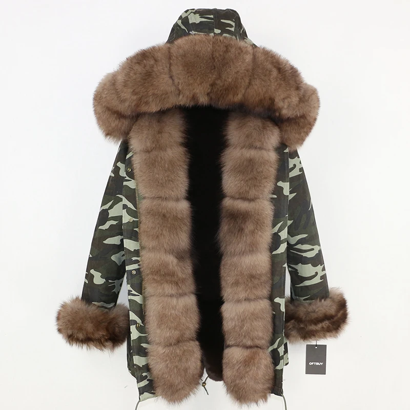 OFTBUY, пальто с натуральным мехом, зимняя куртка, женские длинные парки, натуральный Лисий мех, Отделка капюшона, толстая теплая верхняя одежда, уличная одежда, съемная - Цвет: green camo brown