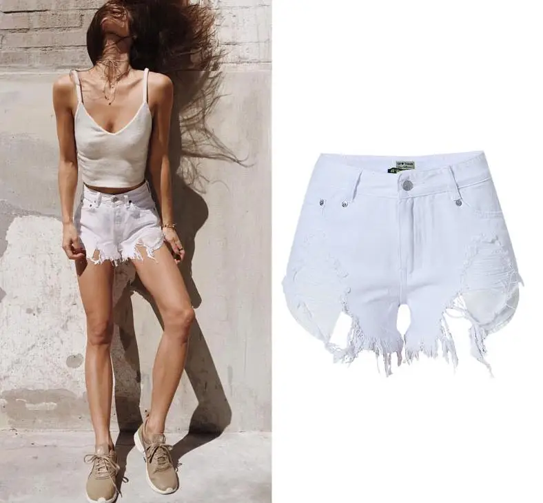 2018 Для женщин Нерегулярные рваные Джинсовые шорты Высокая Талия Femme тонкий белый