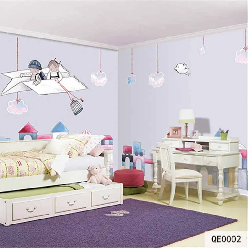 Custom DIY Fabric &amp Textile Wallcoverings For Walls Matt Silk Kids' Room murals Cartoon character Paper plane Building block |