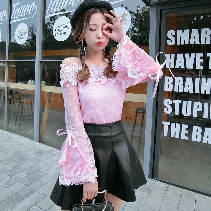

sweet Korean style Women's Clothing fashion brand spring summer new full sleeve Blouses slash neck off shoulder lace dot Shirts