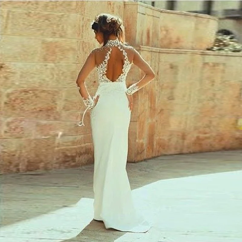 Special High Neck Wedding Dress Dazzling Beading Appliques Long Sleeve Mermaid Satin Backless Sheer Tulle Dubai Bridal | Свадьбы и