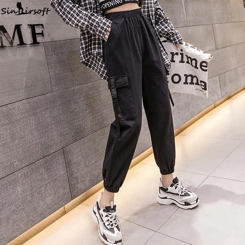 High Waist Cargo Pants Women Big Pockets Loose Streetwear Joggers 2019 Fashion Hip Hop Women's Trousers Green Black | Женская одежда