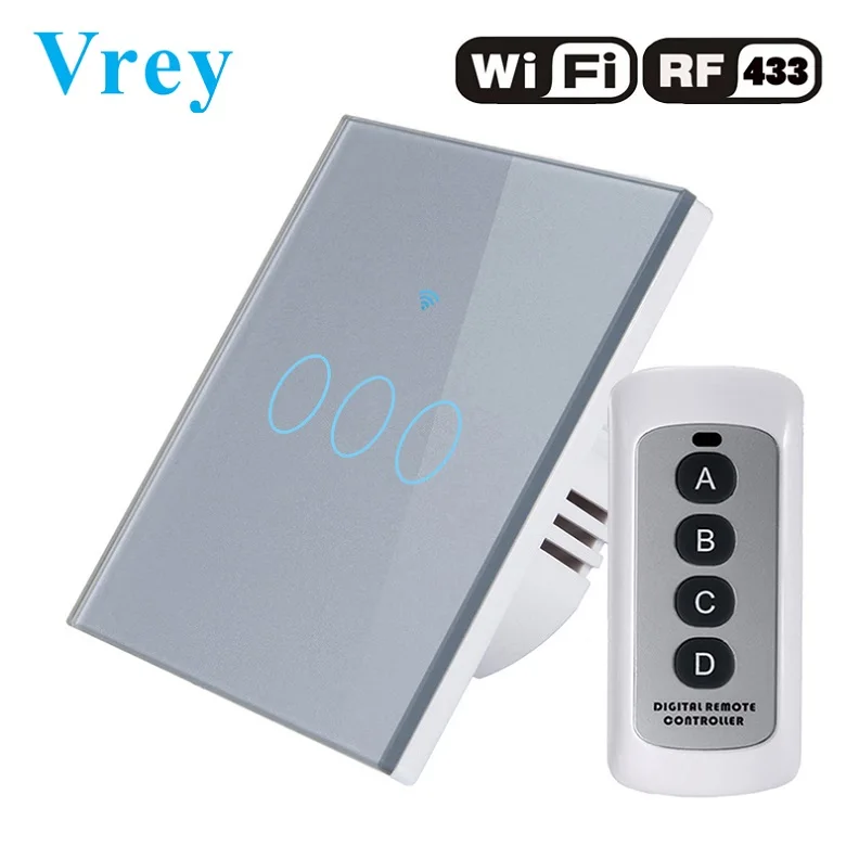 Сенсорный выключатель Vrey, умный светильник, настенный выключатель, wifi светильник, стандарт ЕС, работает с Alexa Google Home, 1way 3 банды - Цвет: VR-WIFI-03D Gray