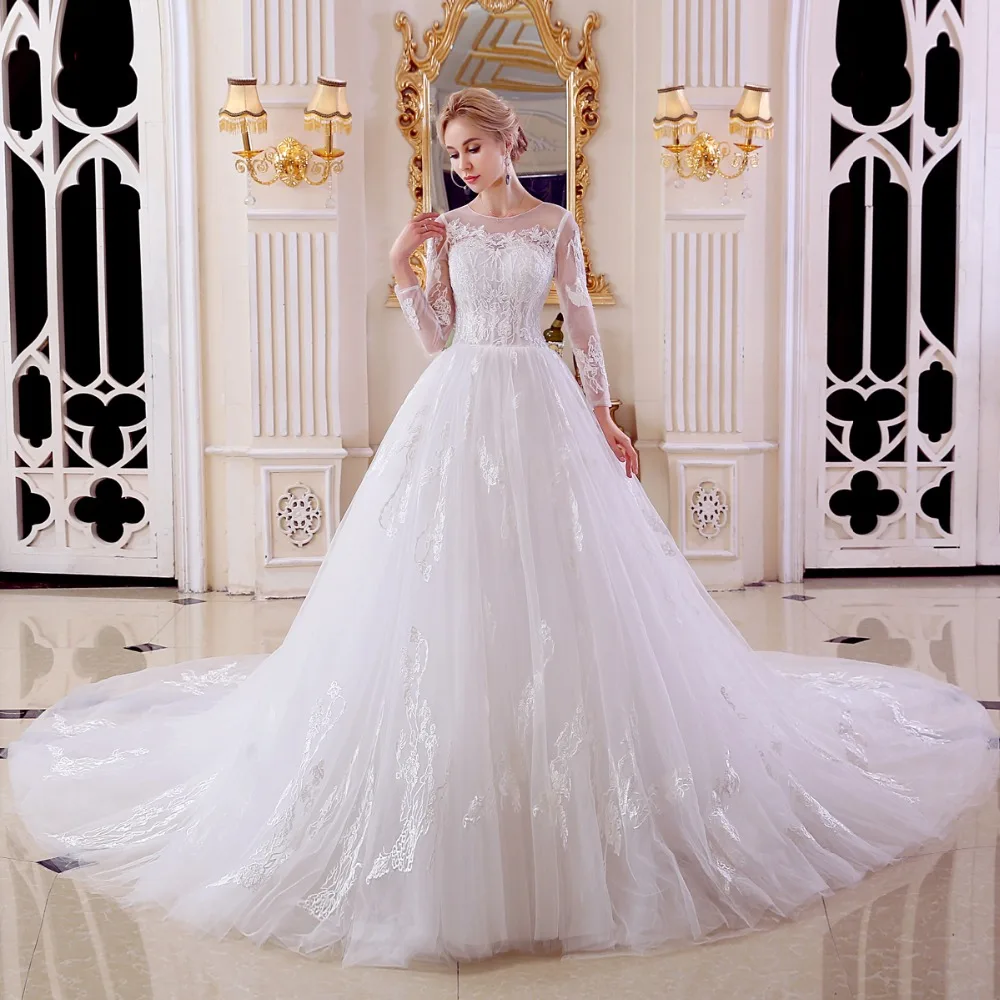 Robe de soriee New Long Wedding Dress 2018 Scoop Sleeves Vestido casamento Bridal Gowns A-line O-Neck | Свадьбы и торжества