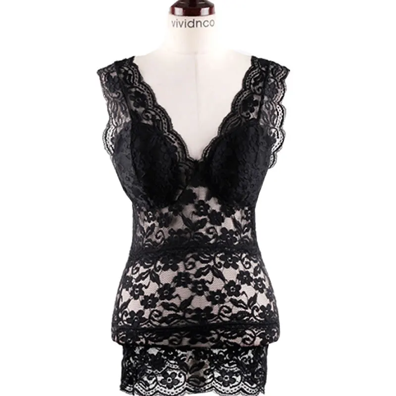 Женская кружевная блузка без рукавов Элегантная черная облегающая с глубоким V