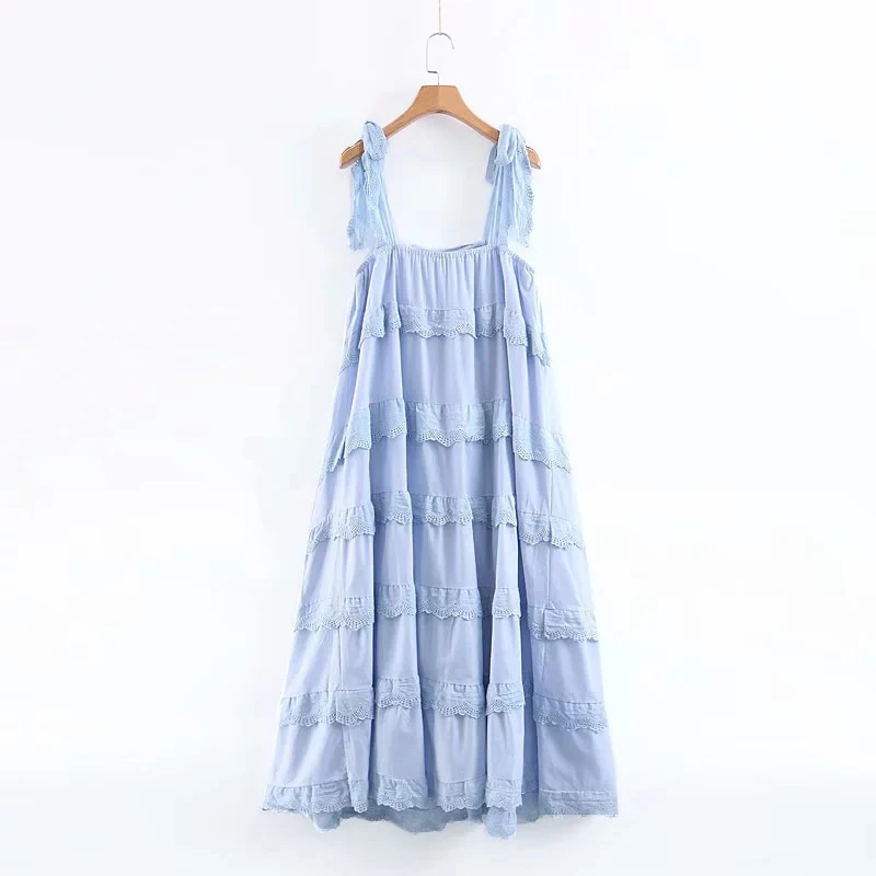 Boho Pleated Spaghetti Strap Billowing Midi Dress 2019 Summer Women Solid Loose Lace-Up Backless Beach Resort | Женская одежда