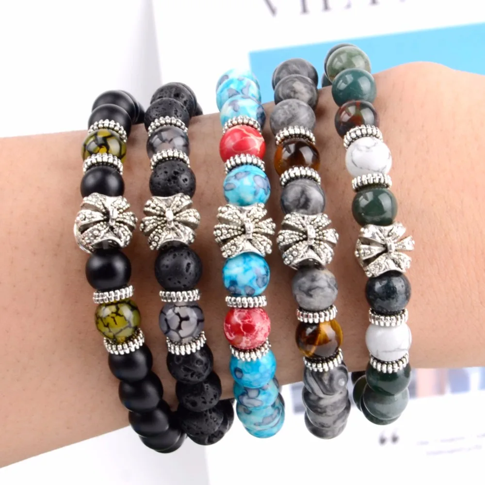 Trendy Crown Charm Bracelets For Women India Agates Jaspers Stone Beaded Bracelet Men Wristband Jewelry Wholesale Pulseras | Украшения и