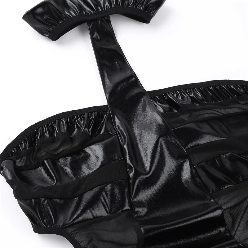 Женское нижнее белье из искусственной кожи Wetlook боди с бретельками на шее