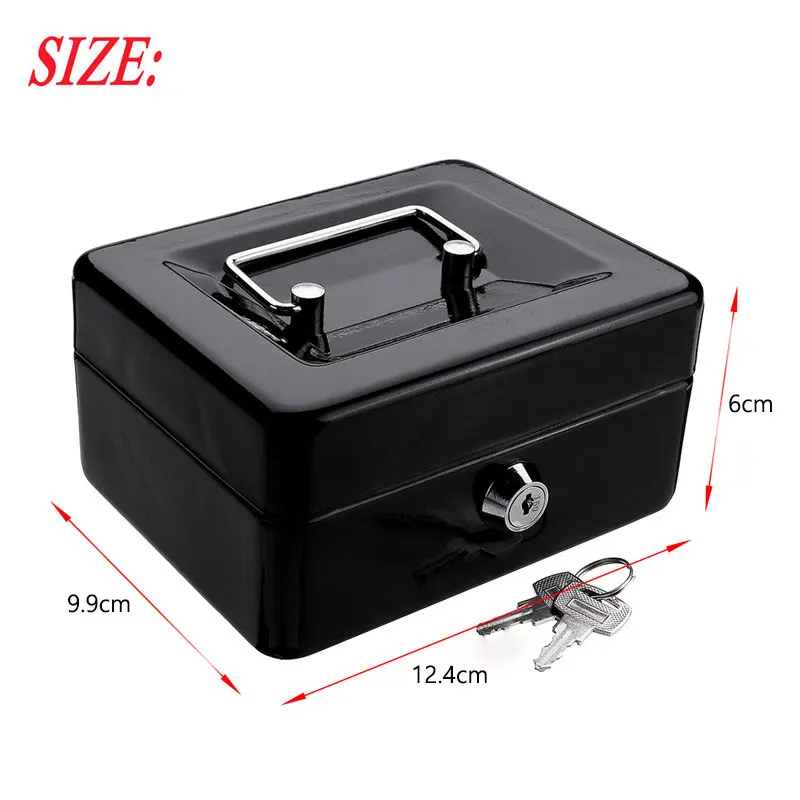 Mini Black Metal Stainless Steel Piggy Bank Safety Deposit Box For Money Coin Cash Tray With Secret Key Cash Drawer Carry Box