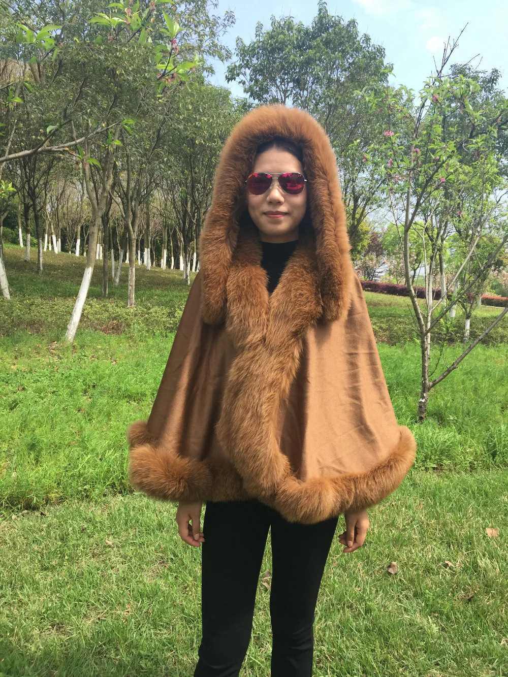 MLHXFUR кашемировая Шаль Обертывание пончо пальто пашмины шали с меховой палантин шерстяной шарф Лисий меховой воротник пончо с капюшоном