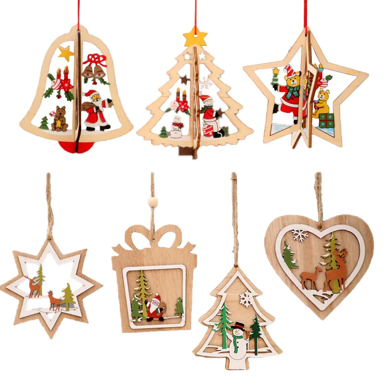 1Pcs Christmas Star Wooden Pendants Ornaments Xmas Tree Ornament DIY Wood Crafts Kids Gift for Home Party Decorations | Дом и сад