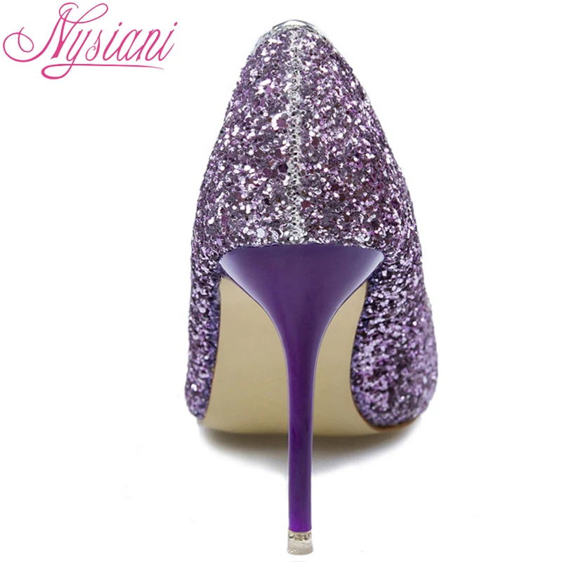 2017 New Sexy High Heel Shoes Pointed Toe Sequined Cloth Thin Heels Fashion Nightclub Wedding Purple Autumn Ladies | Обувь