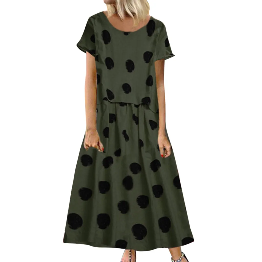 Свободное Макси платье в горошек с коротким рукавом стиле ретро летнее