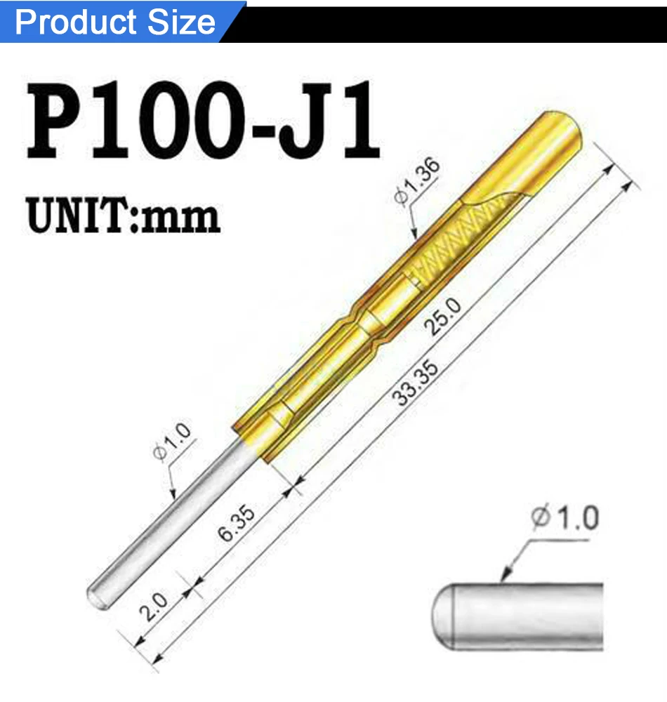 TUNGFULL P100-J1 Диаметр 1,36 мм 180 г позолоченный пружинный Пробник Pogo Pin 100 шт. практичные Пружинные Пробники