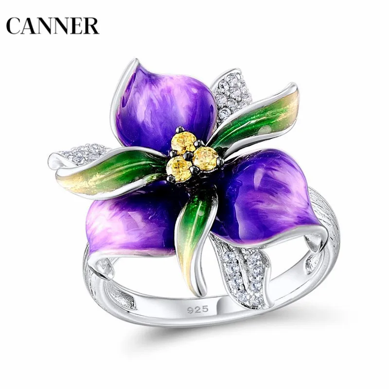 Кольцо с цветком и кристаллами Canner 925 пробы серебристые фиолетовые кольца для