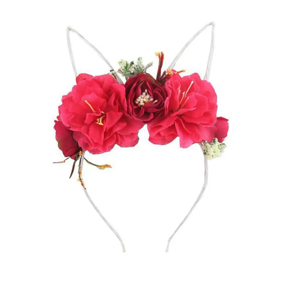 rose red Корейская версия милые женские вечерние головные уборы милые кошачьи ушки кроличьи уши обруч для волос имитация цветка розы Маленький Дьявол Кошка повязка на голову - Цвет: rose red