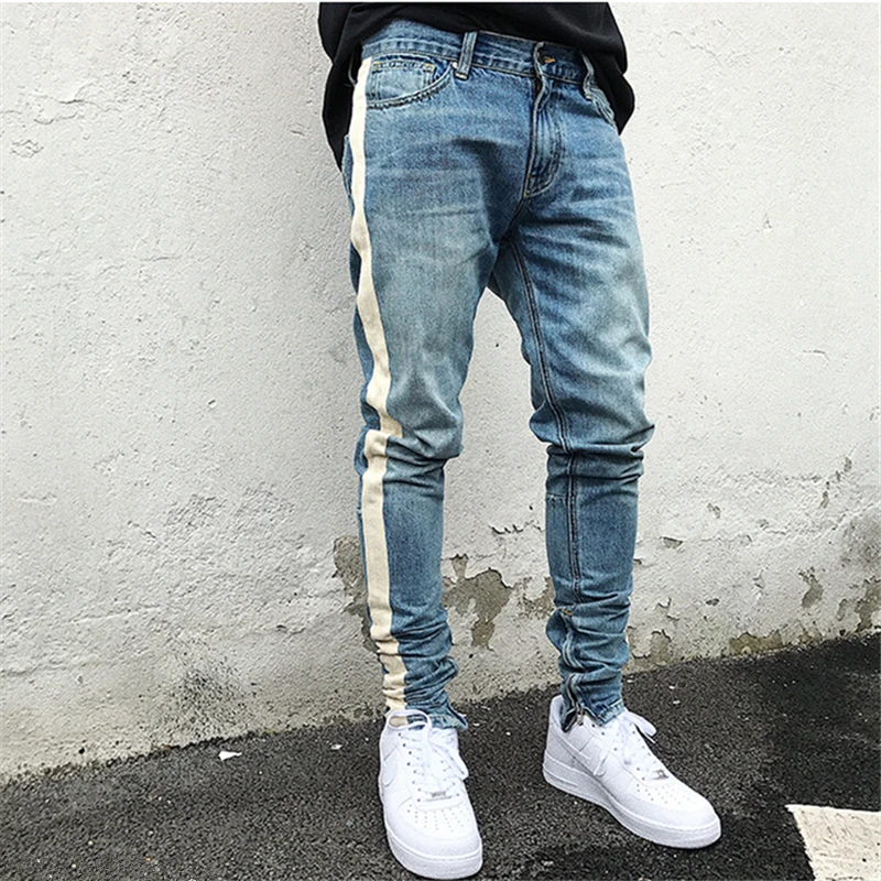 Мужские обтягивающие джинсы в полоску стиле хип хоп синие черные Kanye Weist мужские