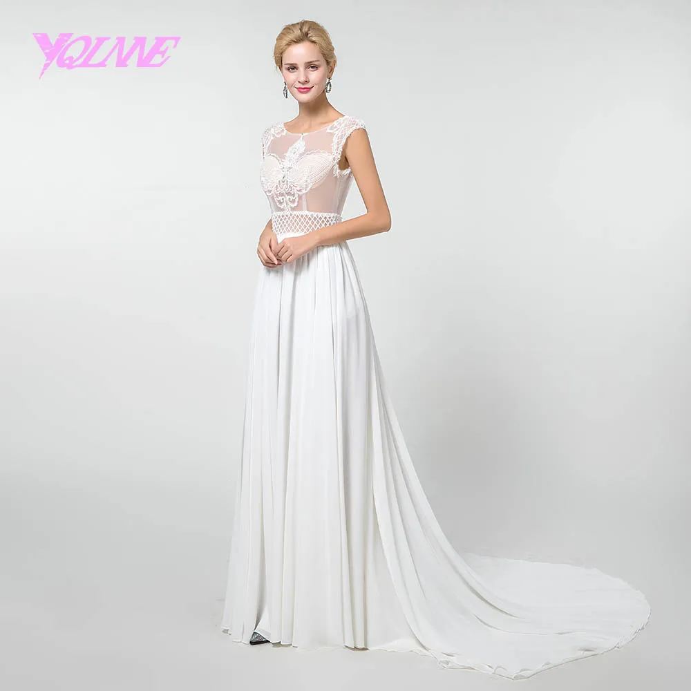 YQLNNE Robe De Mariee пляжное свадебное платье с вышивкой Иллюзия жемчужные бусины свадебное платье из шифона