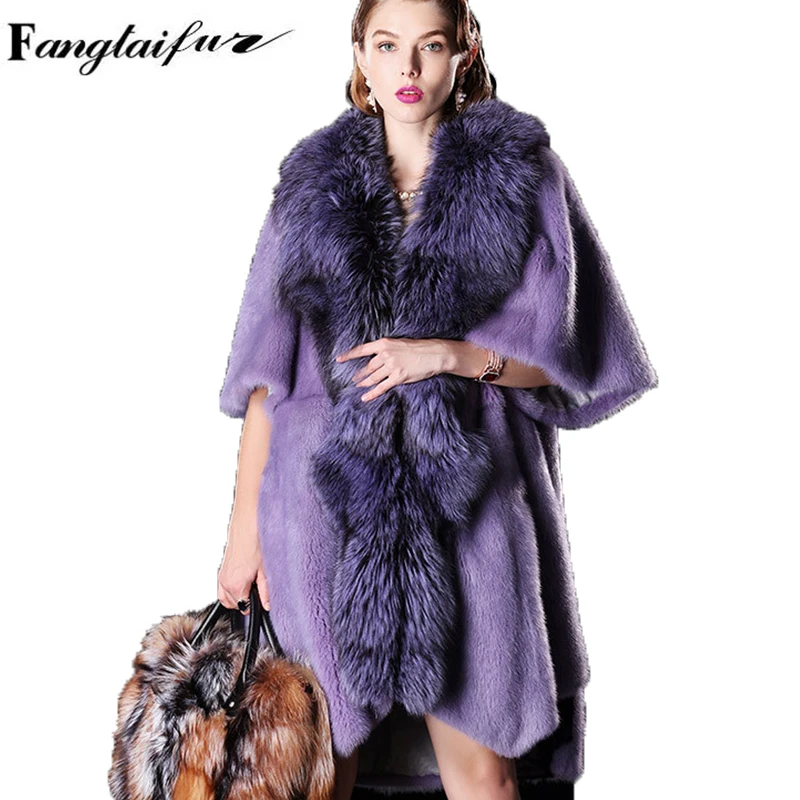 Ftangaiur 2021 Women Import Mink Coat Causal With Fox Fur Collar Half Sleeve Jacket Women's Long Real Coats | Женская одежда