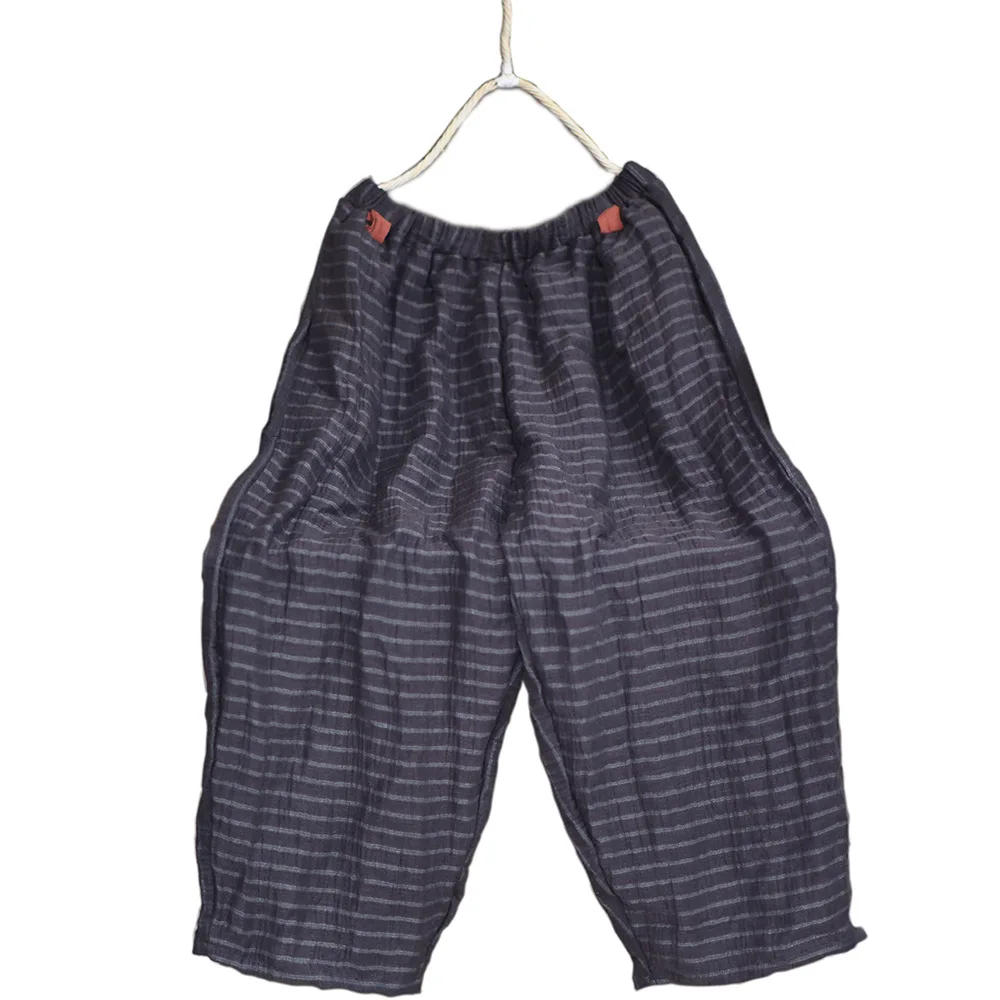 Женские брюки в полоску из хлопка и льна винтажные прямые с широкими штанинами