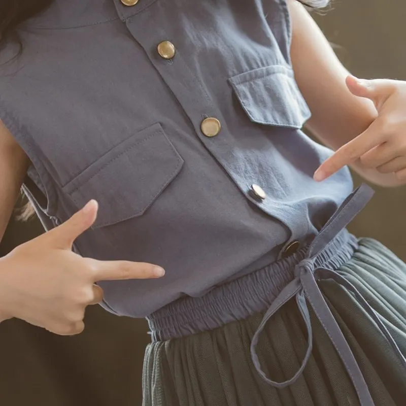 Комплект одежды для девочек спортивный костюм из 2 предметов: Топ + сетчатая юбка