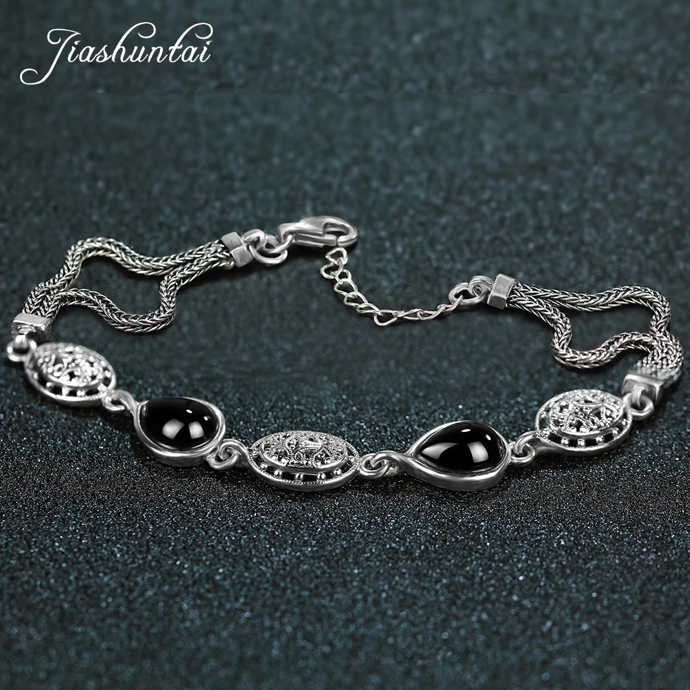 

JIASHUNTAI Retro 925 Sterling Silver Chalcedony Agate Emerald Gemstone Bracelets For Women Thai silver Fine Jewelry Gift