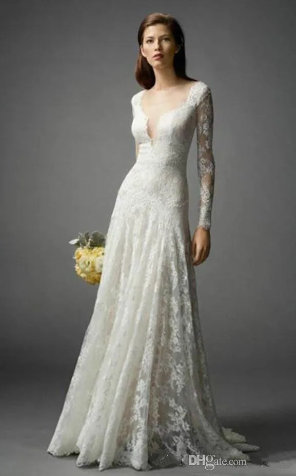 С длинным Рукавом 2016 Свадебные Платья Кружева Длина Пола Лето V образным Вырезом