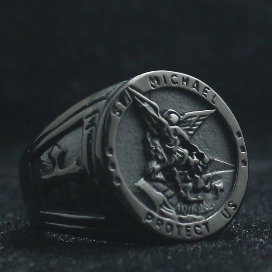 Унисекс 316L нержавеющая сталь крутой крест Saint Michael защитит нас черное кольцо