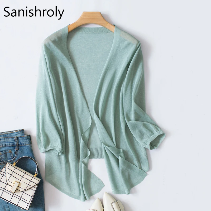 

Sanishroly Summer Women Thin Cardigan Coat Casual Loose Silk Knitted Cardigans Ladies Three Quarter Sleeve Jacket Plus Size S572