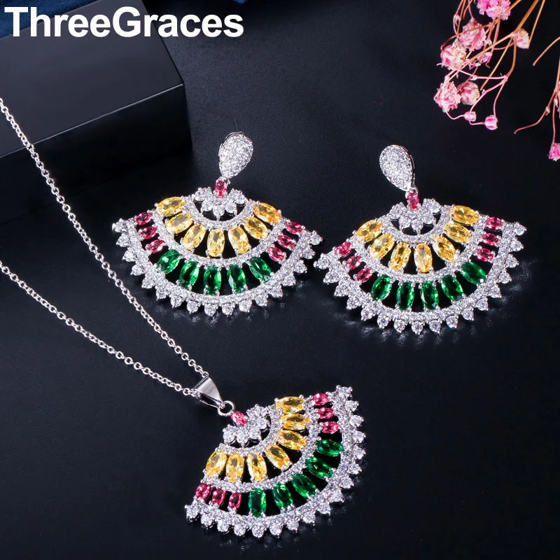 

ThreeGraces Gorgeous Multi Color Cubic Zirconia Stone Mirco Paved Big Fan Shape Drop Earring Jewelry Set for Fashion Women JS254