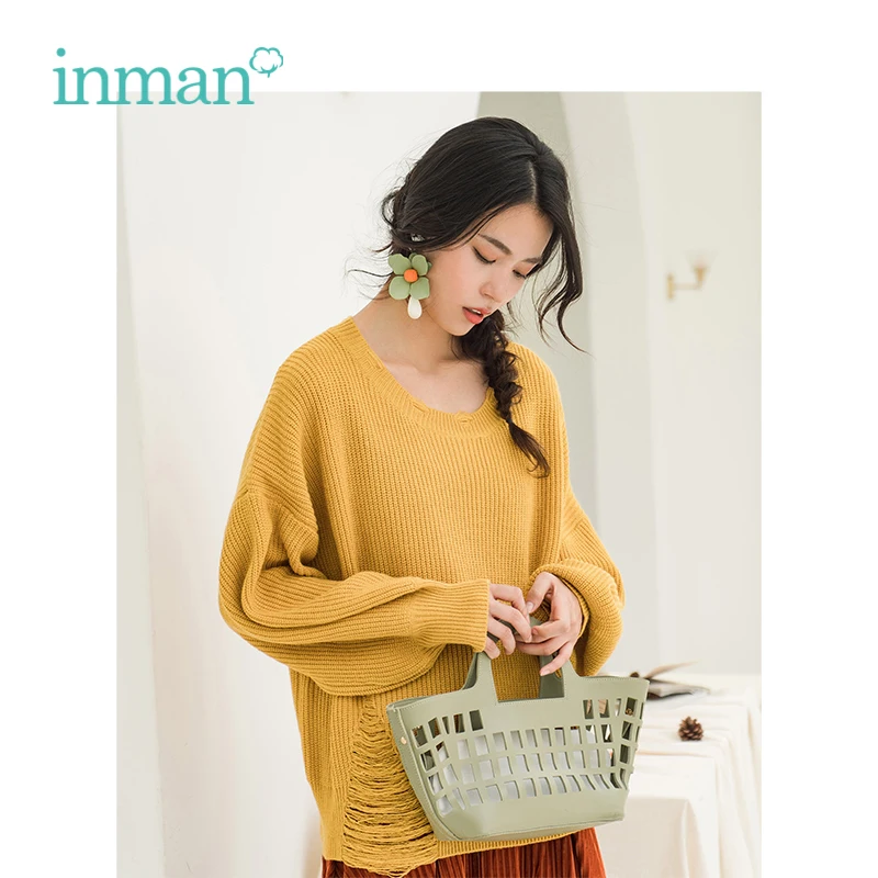 INMAN Winter Female Teenage Girl Scratch Lantern Sleeve Loose Pullover Sweater | Женская одежда