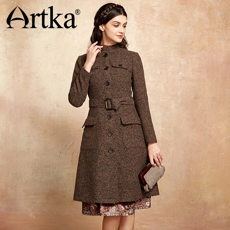 Женское шерстяное пальто ARTKA элегантное ТРАПЕЦИЕВИДНОЕ с поясом длинная куртка