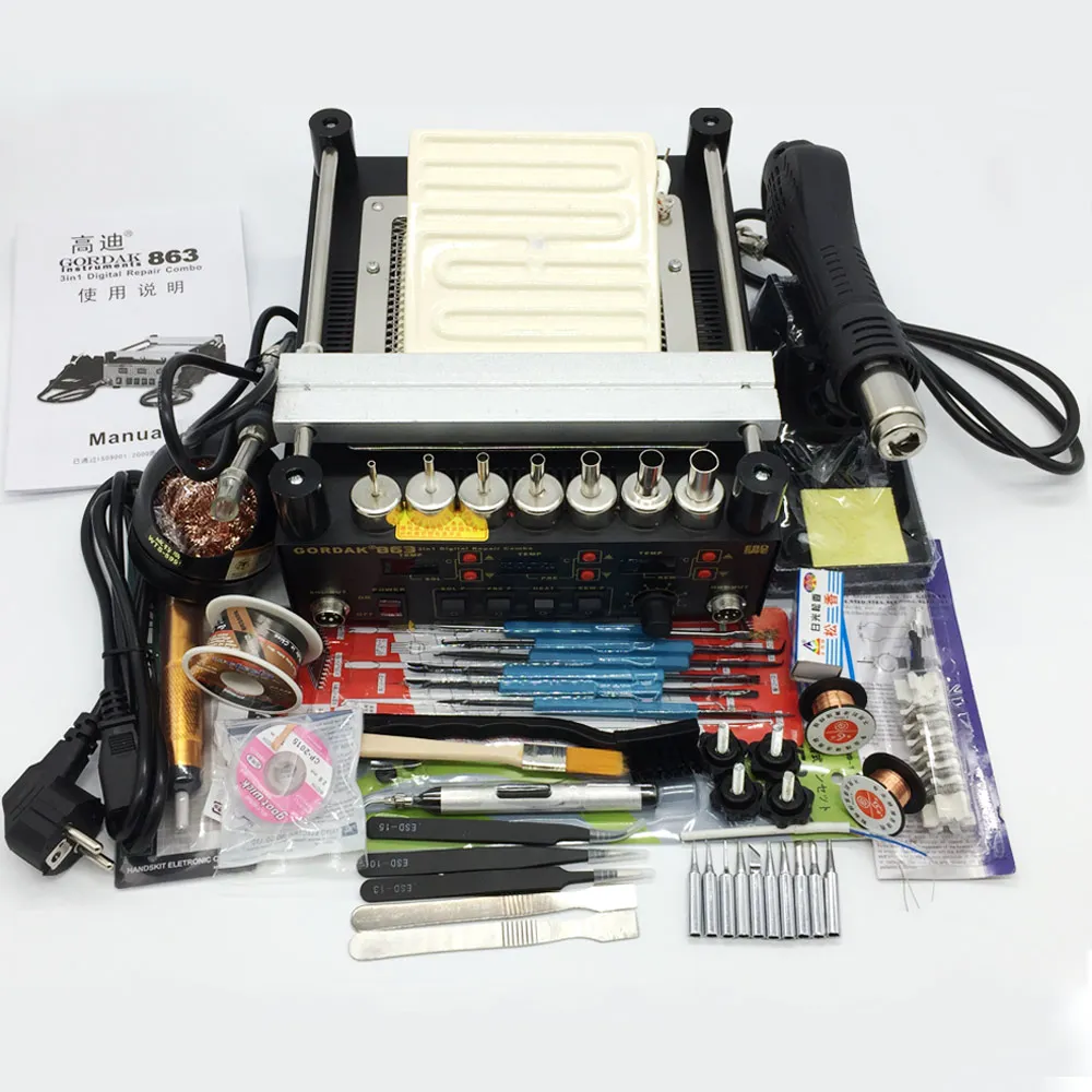 220V C Паяльная станция Gordak 863 3 в 1 Тепловая пушка паяльная станция+ Электрический паяльник+ ИК станция предварительного нагрева для ремонта BGA SMD - Цвет: 220V C