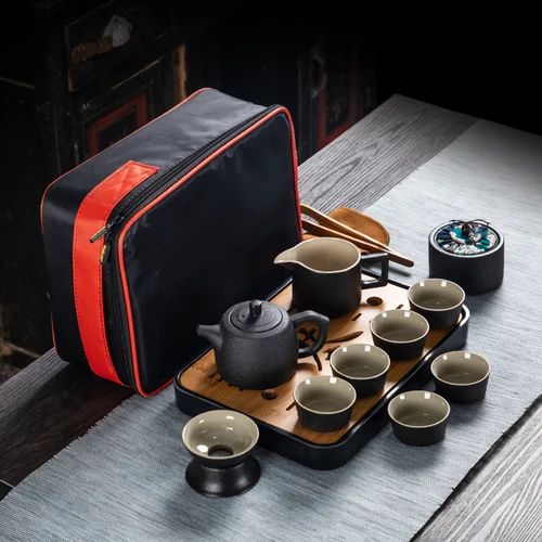 Chinese Style Ceramics Black Kung Fu Tea Set Suit One Teapot and Six Cups Carrying Case Travel Tea Set - Цвет: H