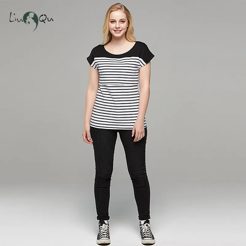 Womens Clothing Breastfeeding Clothes Maternity Blouses Top Short Sleeve Striped Pregnant Nursing Casual Pregnancy T-Shirt