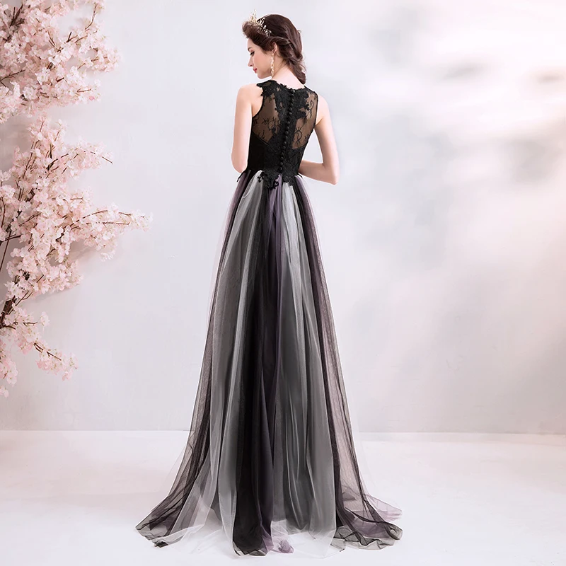 SSYfashion Черное вечернее платье в пол с v-образным вырезом, на молнии, без рукавов, с кружевом, из тюля, вечерние платья на заказ, Vestido De Noche