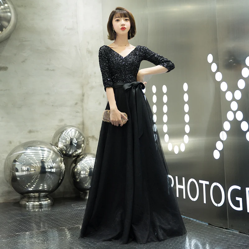 weiyin 2019 New Black Half Sleeves V-neck Elegant Sequined Zipper Luxury Party Formal Dress Floor Length Evening WY1526 | Свадьбы и