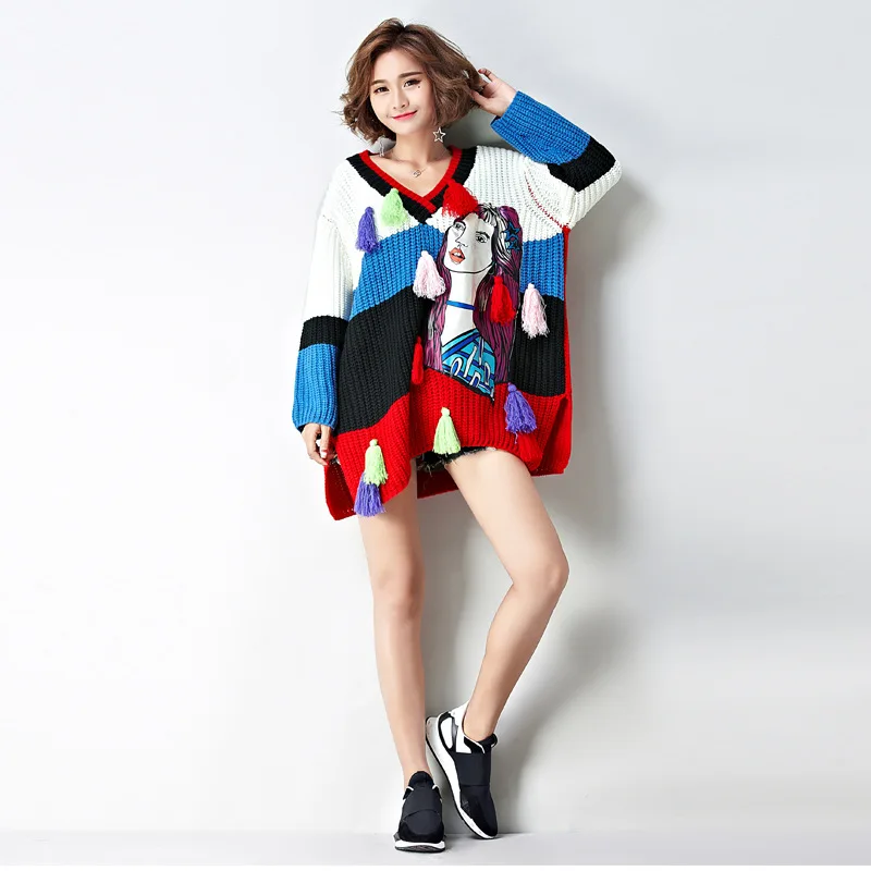 2021 autumn and winter new tide brand women's long section loose printed patch ladies sweater v-neck pullover | Женская одежда