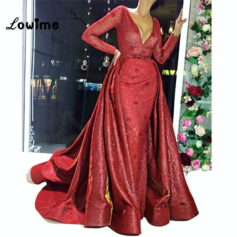 

Elegant Long Sleevs Arabic Burgundy Evening Dresses Mermaid Party Gown With Detachable Train V Neck Dubai Abaya Gowns Formal