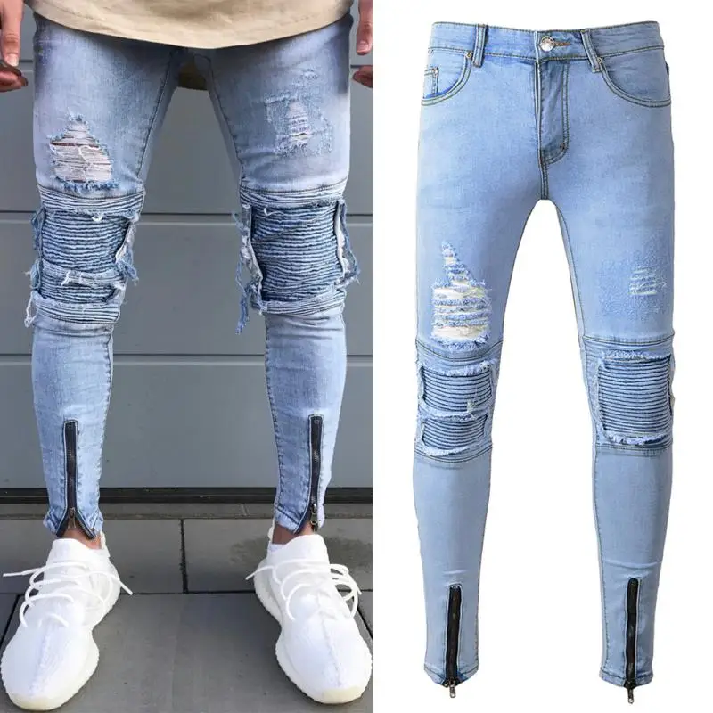 Модные мужские Привет улица Мужчины Проблемные Denim Joggers отверстия на коленях мыть